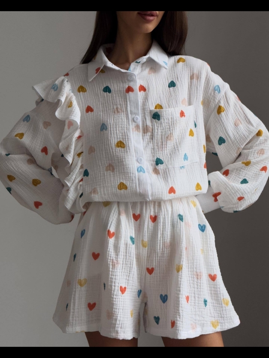 Tops - White Heart-Print Button Shirt with Matching Shorts